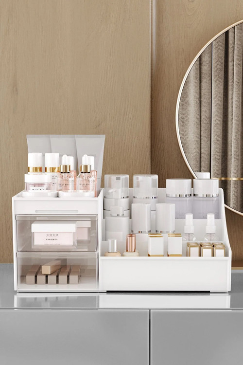 Elegance Kozmetik Organizer (XLARGE-35CM) Çekmeceli Masaüstü Makyaj Takı Parfüm Düzenleyici -Şeffaf Kapaklı