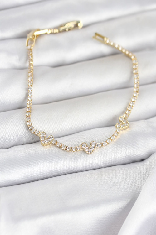 Pirinç Gold Renk Kalp Model Zirkon Taşlı Su Yolu Kadın Bileklik - EBJ260404W41737