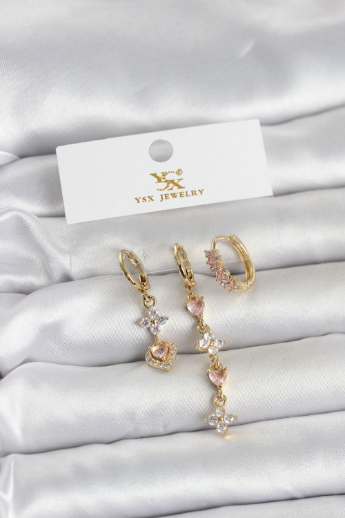 Pirinç Gold Renk Pembe Zirkon Taşlı 3'lü Kadın Küpe - EBJ260404W41670