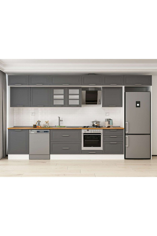 410X240 Cm Klasik Mebran Mutfak Dolabı Beyaz Beyaz Mb-E90S60S60-3 Mebran | Antrasit - Mdf