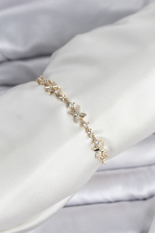 ieg™ Gold Renk Yonca Model Zirkon Taşlı Asansörlü Kadın Bileklik