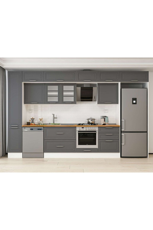 390X240 Cm Klasik Mebran Mutfak Dolabı Beyaz Beyaz Mbb-E90B40S60-3 Mebran | Antrasit - Mdf