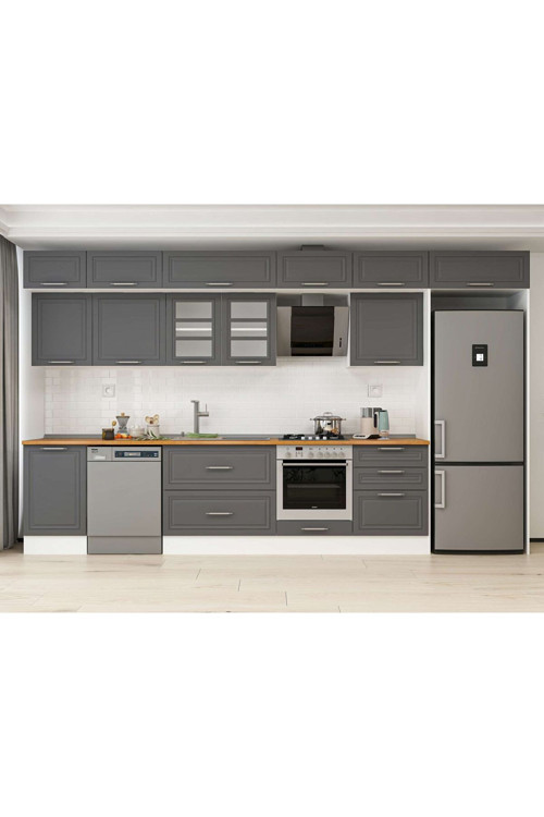 400X240 Cm Klasik Mebran Mutfak Dolabı Beyaz Beyaz Mb-E90S50S60-3 Mebran | Antrasit - Mdf
