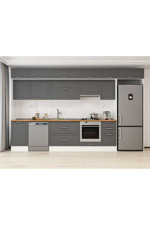 375X240 Cm Klasik Mebran Mutfak Dolabı Beyaz Beyaz Mb-E80S50S45-1 Mebran | Antrasit - Mdf