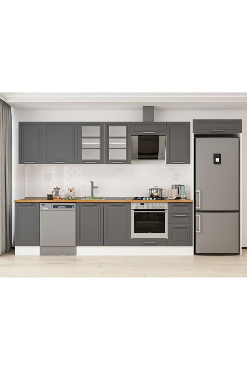 360X222 Cm Klasik Mebran Mutfak Dolabı Beyaz Mb-E80S40S40-3 Mebran | Antrasit - Suntalam