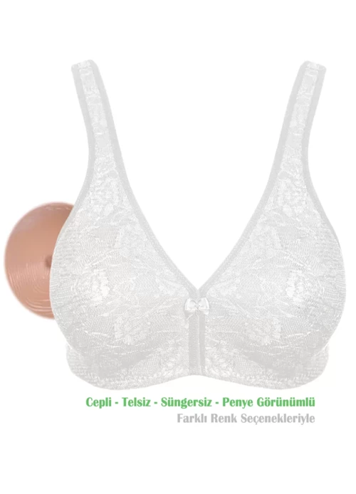 Kadın Beyaz (Dantelli) Penye Pamuk Cepli Protez Sütyen