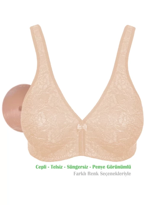 Kadın Ten (Dantelli) Penye Pamuk Cepli Protez Sütyen