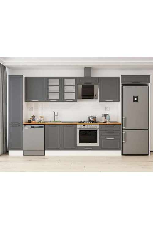 380X222 Cm Klasik Mebran Mutfak Dolabı Beyaz Beyaz Mbb-E80B40S60-3 Mebran | Antrasit - Mdf