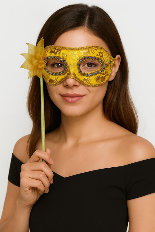 Lüks Taşlı Saplı Maskeli Balo Maskesi Altın Renk 35 cm (4604)