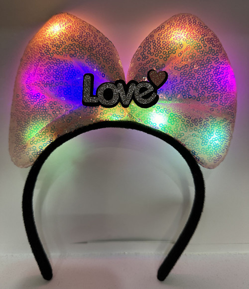 Led Işıklı 3 Farklı Fonksiyonda Yanan Gümüş Love Yazılı Toz Pembe Fiyonk Taç 20X17 cm (4604)