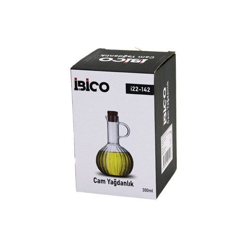 MİNİ CAM YAĞDANLIK ÇİZGİLİ DESEN 300ML AHŞAP BAMBU MANTAR TIPA (4604)