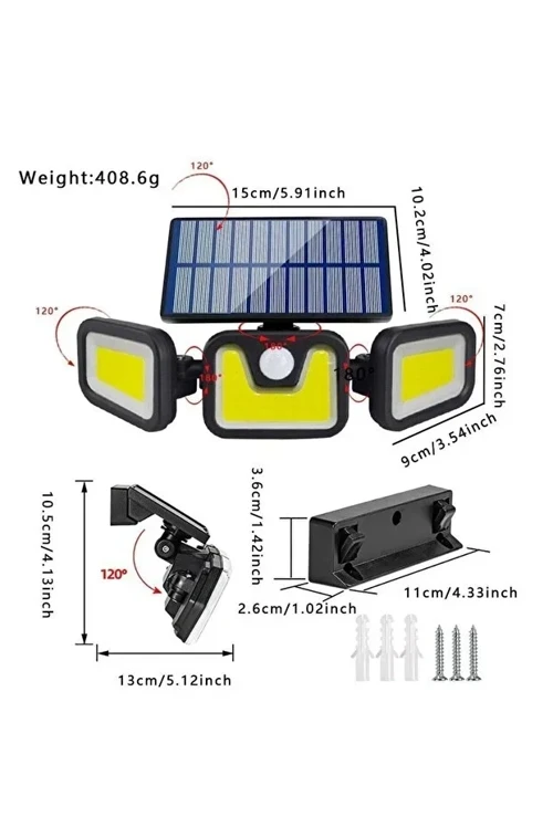 Üçlü Solar Led Projektör – Beyaz Işık – Sensörlü Dış Mekân Aydınlatma (4604)