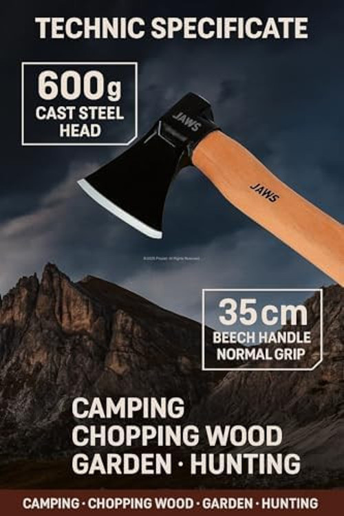 Kamp Baltası, 600 Gram, Dökme Çelik Baş, 35 Cm Kayın Sap, Isıl İşlemli, Elektrostatik Toz Boyalı, Normal Tutuş, Odun Kesme, Kamp, Bahçe, Av Kullanımı