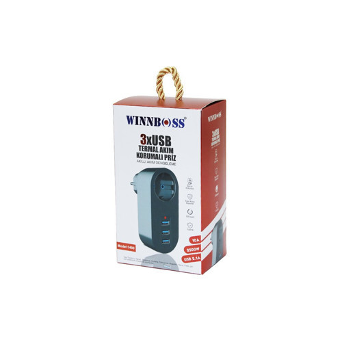 SİYAH TERMAL AKIM KORUMALI 1XPRİZ 3XUSB DUVAR TİPİ PRİZ 10A - 2500W (4604)