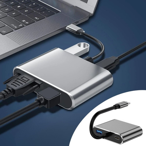 4’ü 1 Arada Type-C to Hub Dönüştürücü Adaptör – 4K Ultra HD HDMI & VGA Görüntü Aktarımı, PD Hızlı Şarj Destekli, USB Çoklayıcı (4604)