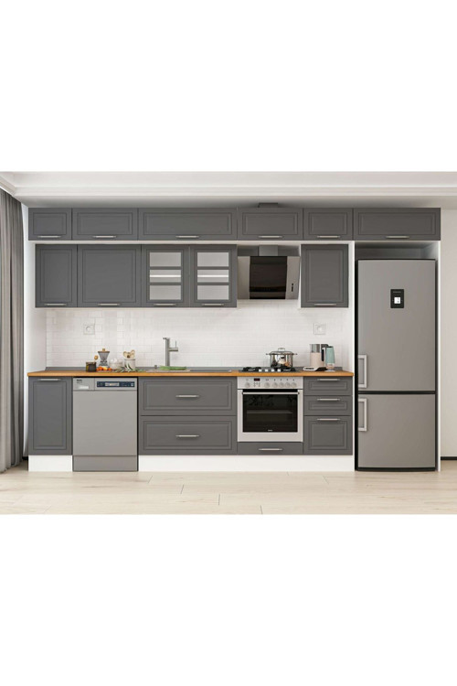 375X240 Cm Klasik Mebran Mutfak Dolabı Beyaz Beyaz Mb-E90S40S45-3 Mebran | Antrasit - Mdf