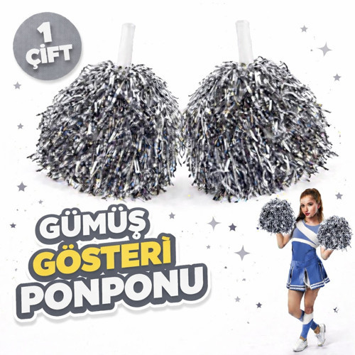 1 Çift ( 2 Adet ) Gümüş Renk 23 Nisan 19 Mayıs 29 Ekim Okul Gösteri Ponponları Ekstra Dolgun (4604)
