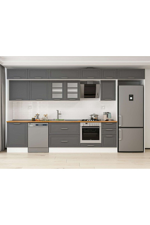 395X240 Cm Klasik Mebran Mutfak Dolabı Beyaz Beyaz Mb-E90S60S45-3 Mebran | Antrasit - Mdf