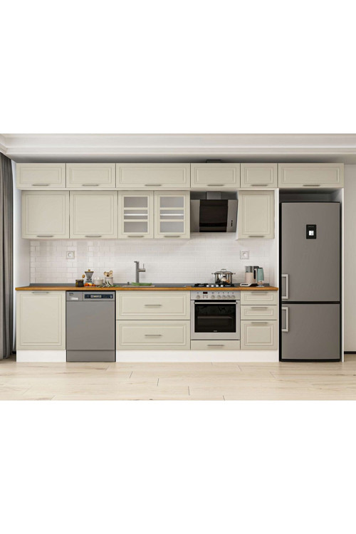395X240 Cm Klasik Mebran Mutfak Dolabı Beyaz Beyaz Mb-E90S60S45-3 Mebran | Kumtaşı - Mdf