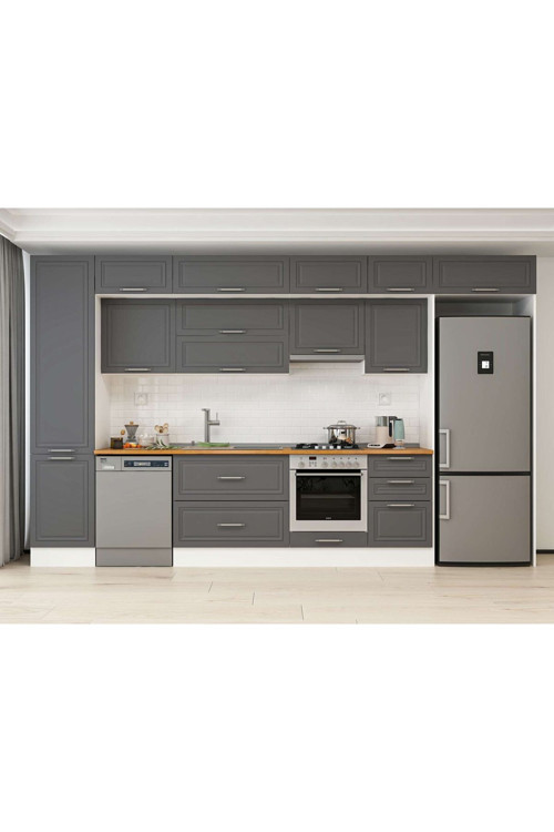 380X240 Cm Klasik Mebran Mutfak Dolabı Beyaz Mbb-E80B50S50-1 Mebran | Antrasit - Suntalam
