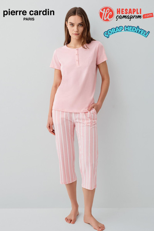 Paris Premium Kadın Modal Pamuklu Rahat Kalıp Çizgili Kapri Kısa Kol Pijama Takım