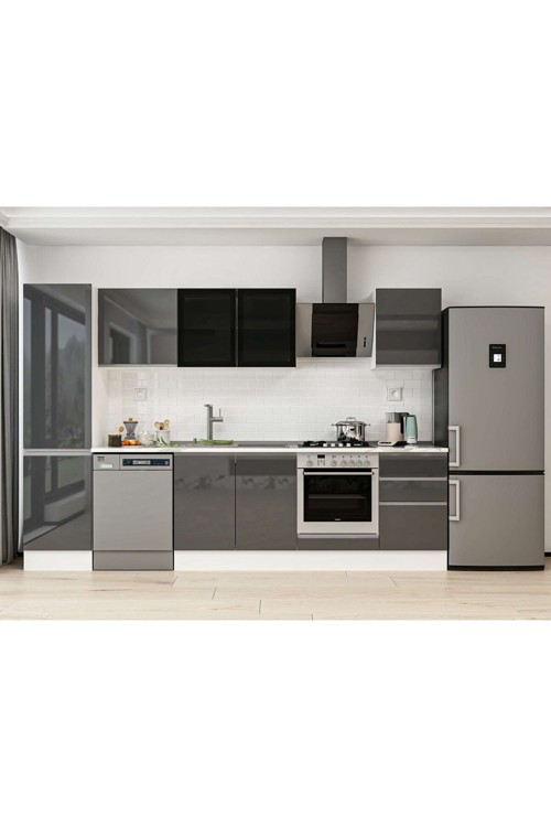 300X210 Cm High Gloss Mutfak Dolabı Mb-E80B50S50-3 High Gloss | Antrasit - Suntalam