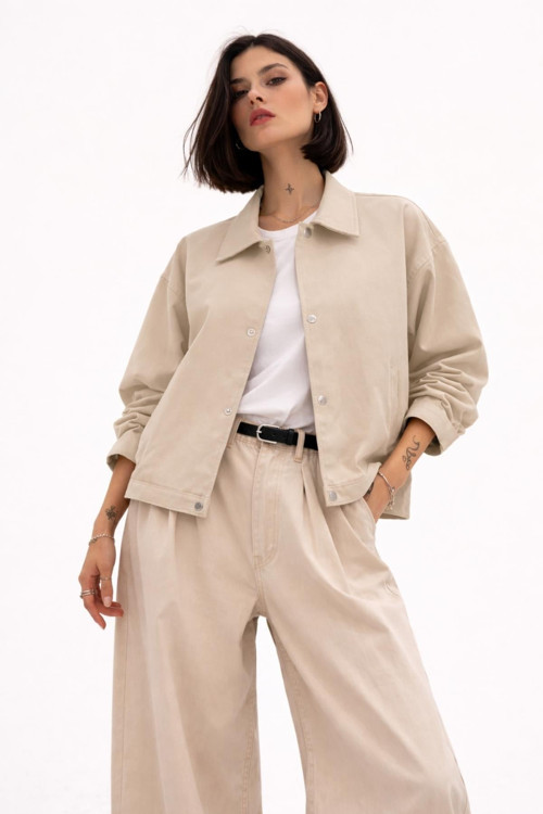 Kadın Oversize Basic Gabardin Mevsimlik Polo Yaka Ceket