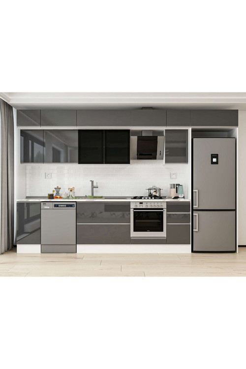 360X240 Cm High Gloss Mutfak Dolabı Mb-E80S40S40-3 High Gloss | Antrasit - Mdf