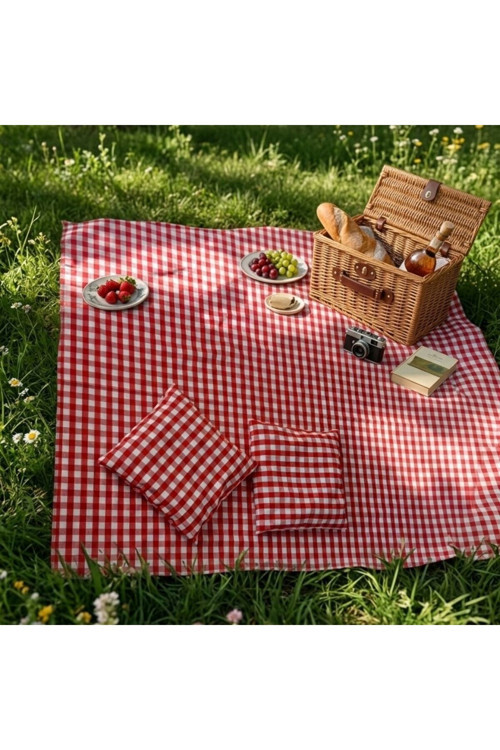 Piknik Örtüsü 150X150 Cm + 2 Minder 39X39 Cm - Piknik Seti Kamp Bahçe Plaj Kırmızı - Beyaz