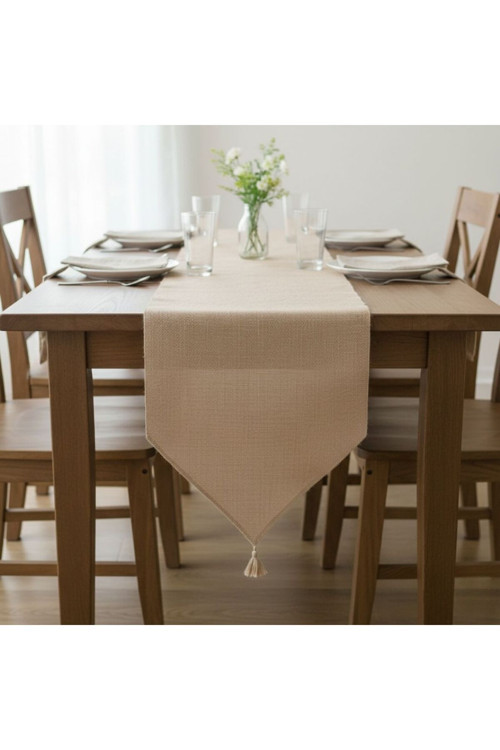 50X200 Cm Doğal Jüt Runner – Bohem & Rustik Dekoratif Masa Örtüsü, Püskül Detaylı Uzun Runner
