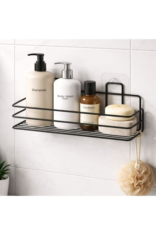Siyah Metal Duş Rafı 29 Cm – Vakumlu Yapışkanlı Banyo Şampuanlık Organizer