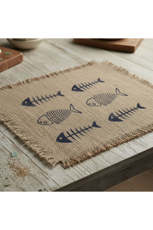 Doğal Jüt Amerikan Servis 6’Lı Set, Doğal Boya Baskılı Rustik Masa Altlığı (45X35 Cm)