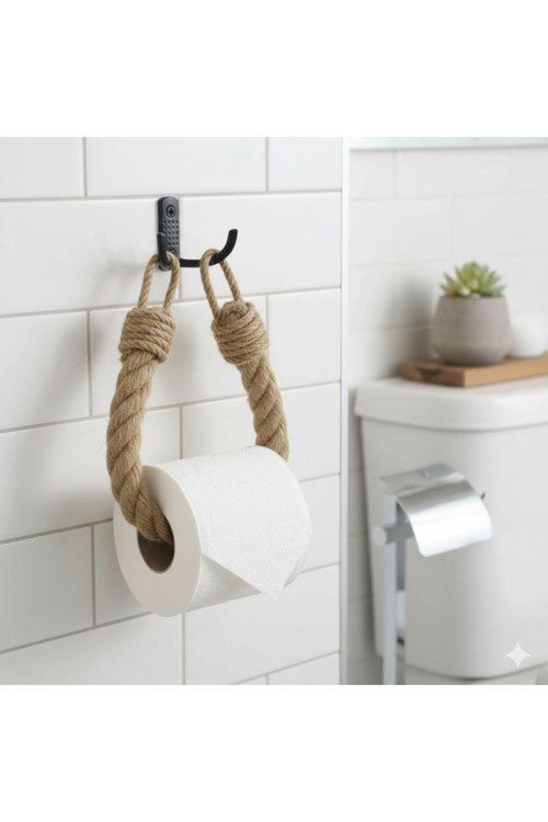 Doğal Jüt Halat Banyo Peçetelik – Duvara Monte Tuvalet Kağıdı Tutucu Askı 45 Cm