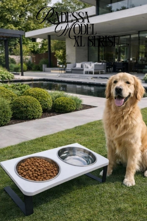 OK-AY Store Radessa Standlı XL Büyük ve Orta Boy Köpek ve Kedi Su Kabı Paslanmaz Çelik Beyaz
