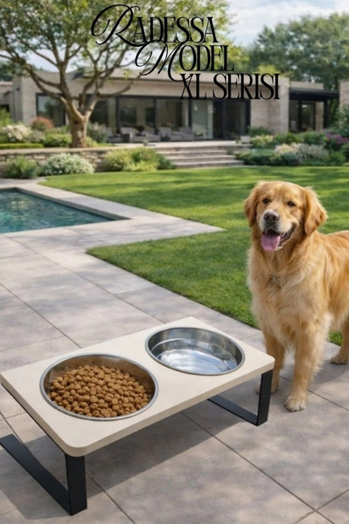 OK-AY Store Radessa Standlı XL Büyük ve Orta Boy Köpek ve Kedi Su Kabı Paslanmaz Çelik Krem