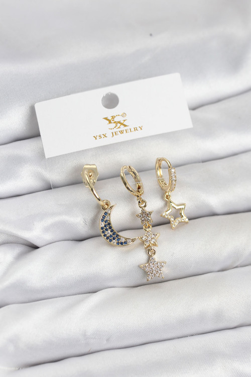 Pirinç Gold Renk Zirkon Taşlı Ay Yıldız Model Ysx Trio Küpe Seti