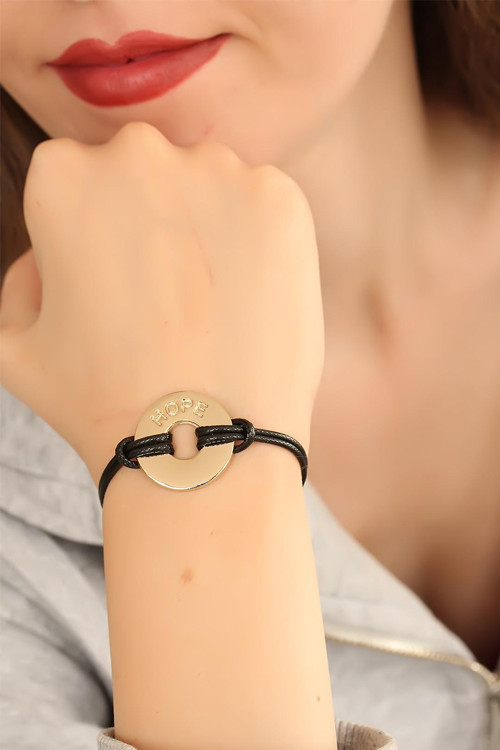 Hope (Umutlu) Siyah Deri İpli Unisex Mood Bileklik