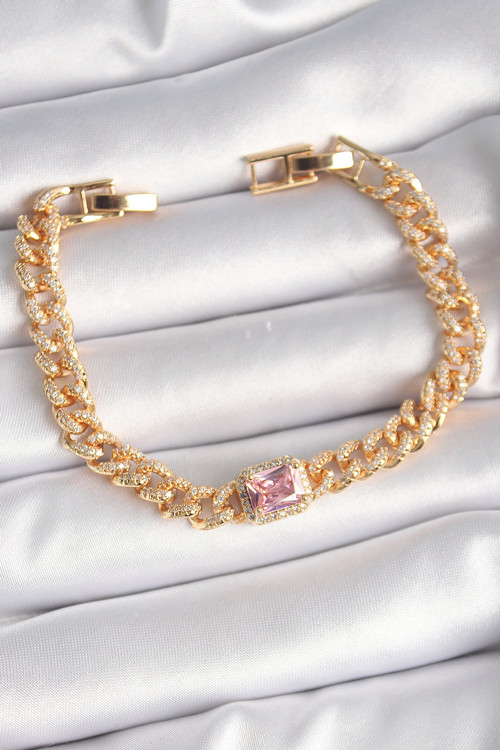 Pirinç Gold Renk Pembe Kare Zirkon Taşlı Vip Seri Kadın Bileklik