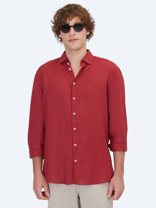 Bordo Düz Regular Fit Uzun Dokuma Casual Pamuk Karışımlı Gömlek
