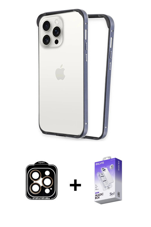 iPhone 15 Pro Max Kılıf Pusula Asil Koleksiyonu - Siyah Bilvis 5in1 3D Magic Cam Ekran Koruyucu