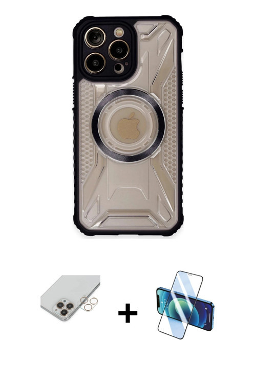 ieg™ iPhone 14 Pro Max Kılıf Kutup Modern - Siyah 3D Antistatik Cam Ekran Koruyucu + Gold Band Metal