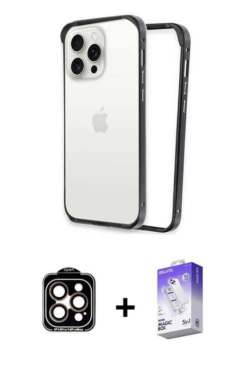 iPhone 15 Pro Max Kılıf Pusula Asil Koleksiyonu - Siyah Bilvis 5in1 3D Magic Cam Ekran Koruyucu