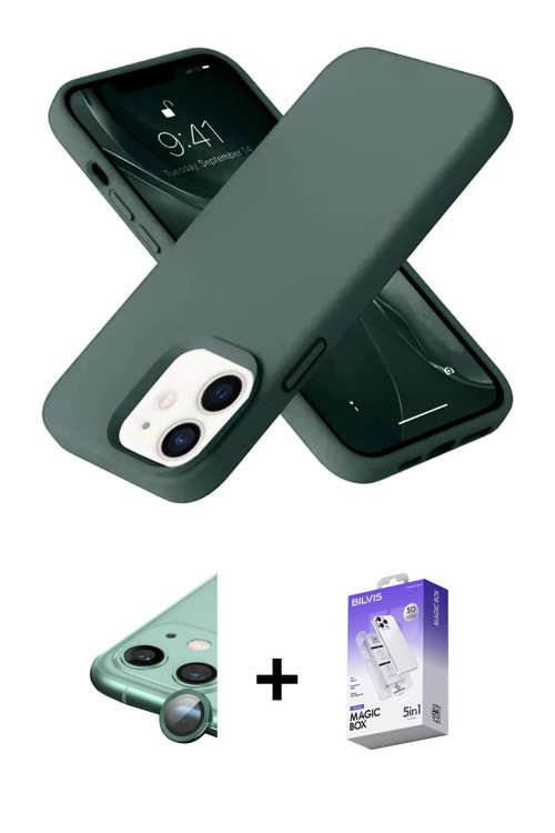 ieg™ iPhone 12 Kılıf Ahenk Serisi - Siyah Bilvis 5in1 3D Magic Cam Ekran Koruyucu + Yeşil Raze Metal