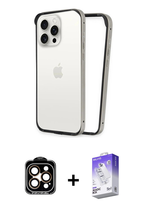iPhone 15 Pro Max Kılıf Pusula Asil Koleksiyonu - Siyah Bilvis 5in1 3D Magic Cam Ekran Koruyucu