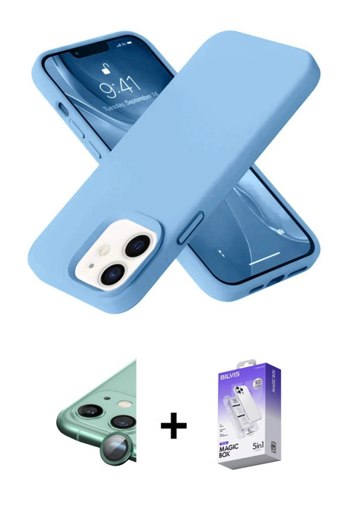 ieg™ iPhone 12 Kılıf Ahenk Serisi - Siyah Bilvis 5in1 3D Magic Cam Ekran Koruyucu + Yeşil Raze Metal