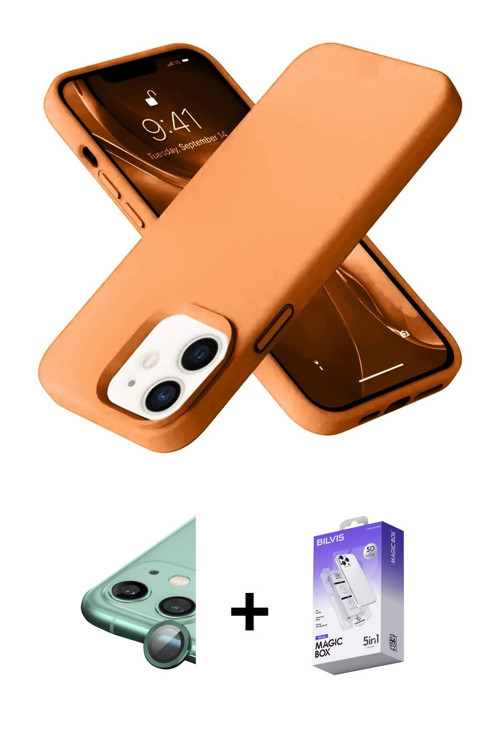 ieg™ iPhone 12 Kılıf Ahenk Serisi - Siyah Bilvis 5in1 3D Magic Cam Ekran Koruyucu + Yeşil Raze Metal