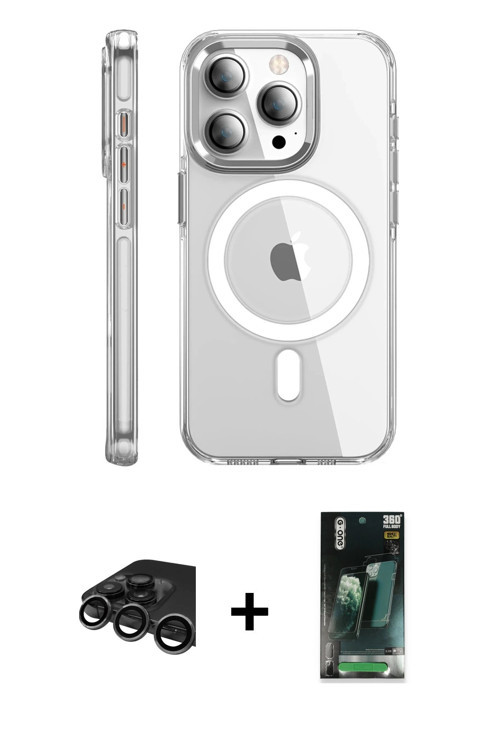 ieg™ iPhone 15 Pro Max Kılıf Nova Doku - Şeffaf 360 Full Body Arka Koruyucu + Titanyum Gri Raze Meta