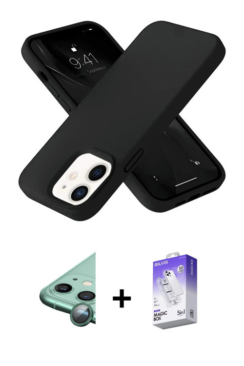 ieg™ iPhone 12 Kılıf Ahenk Serisi - Siyah Bilvis 5in1 3D Magic Cam Ekran Koruyucu + Yeşil Raze Metal