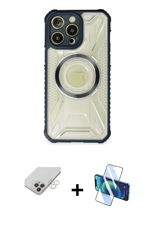 ieg™ iPhone 14 Pro Max Kılıf Kutup Modern - Siyah 3D Antistatik Cam Ekran Koruyucu + Gold Band Metal