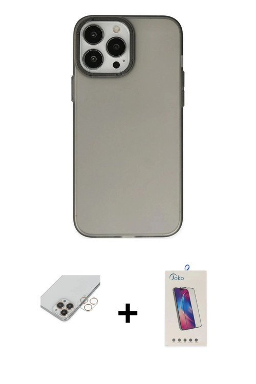 ieg™ iPhone 14 Pro Max Kılıf Ahenk Çizgi Prime - Siyah Joko 5D Cam + Gold Band Metal Kamera Lens